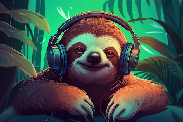 Preguiça engraçada e fofa em fones de ouvido ouvindo música na selva Animal Generative AI