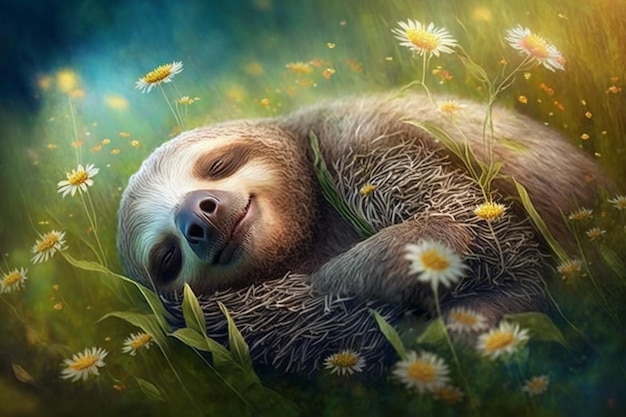 Preguiça exausta e cansada fica entre flores em um prado na primavera e dorme