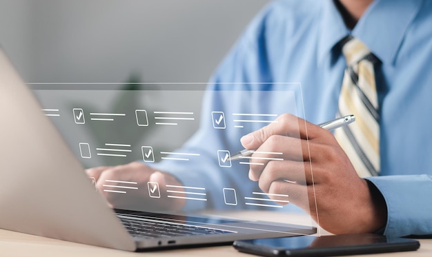 Preguntas de la prueba Concepto del formulario de encuesta Educación tecnología futurista y concepto de aprendizaje Cuestionario con casillas de comprobación Rellenar el formulario de encuesta respuesta en línea