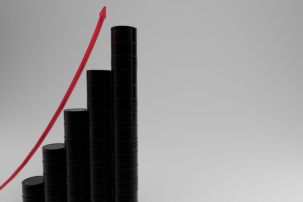 Foto preisanstieg bei motoröl und dieselkraftstoffkonzept metallfässer und aufsteigendes diagramm 3d-rendering
