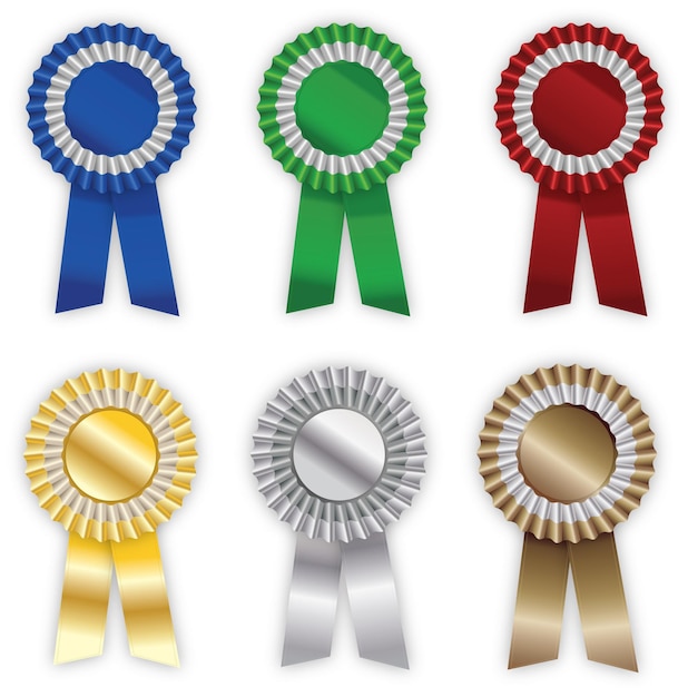 Preisband und Rosetten mit weißem Hintergrund auf Banner Abstract und Zeichen für den Sieg im Wettbewerb Symbol Token und Anerkennung der Leistung für Veranstaltung Anlass Farben und Gewinner oder Ehre