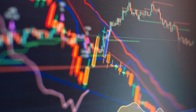 Preisdiagramm und Indikator rotes und grünes Candlestick-Diagramm auf blauem Themenbildschirm Marktvolatilität Auf- und Abwärtstrend Aktienhandel Kryptowährung Hintergrund