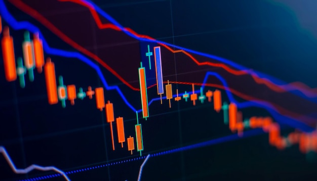 Preisdiagramm und Indikator rotes und grünes Candlestick-Diagramm auf blauem Themenbildschirm Marktvolatilität Auf- und Abwärtstrend Aktienhandel Kryptowährung Hintergrund