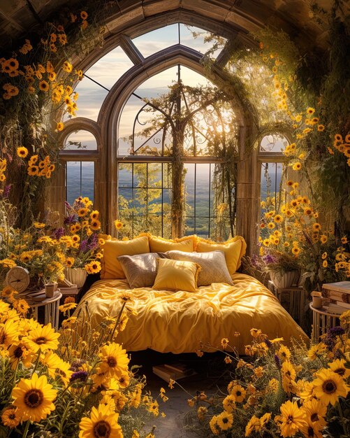 preisgekrönte Fotografie wunderschön gelbes gotisches Herrenhaus Schlafzimmer mit verzierten komplizierten gotischen
