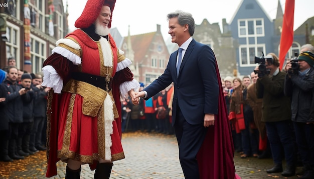 Premier Rutte als Sinterklaas und Geert Wilders als Schwarte Piet