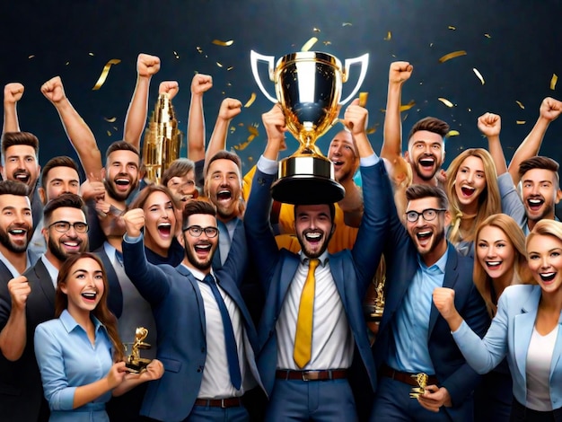 Premio al trofeo del ganador Un grupo de personas felices celebran el éxito del negocio El logro del empleado