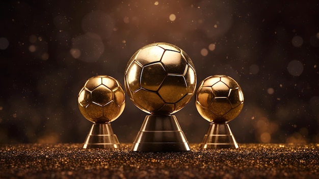 Prêmio de futebol vencedor de 3 troféus com fundo dourado