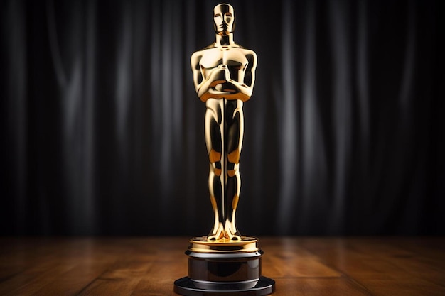 Foto un premio de oro está en una mesa de madera con un telón de fondo negro detrás de él