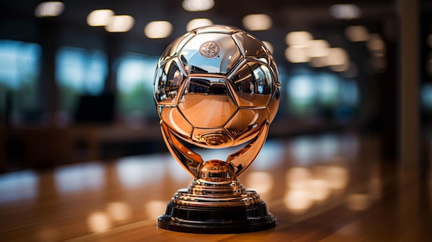 El premio del Trofeo Deportivo de metal brillante es una pelota de fútbol.