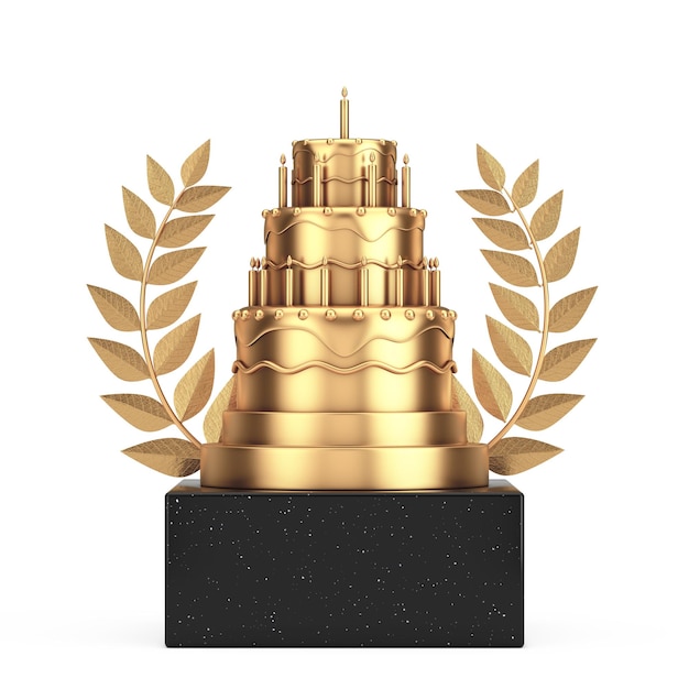 Prêmio vencedor Cube Gold Laurel Wreath Podium Stage ou Pedestal com Golden Birthday Cartoon Sobremesa Tiered Cake e Velas 3d Rendering