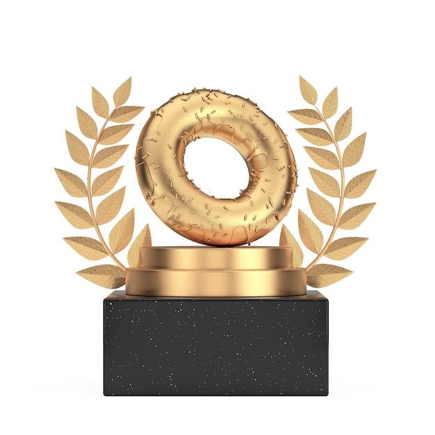 Prêmio vencedor cube gold laurel wreath podium stage ou pedestal com golden donut com golden sprinkles 3d rendering