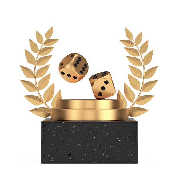 Prêmio vencedor Cube Gold Laurel Wreath Podium Stage ou Pedestal com Golden Game Dice Cubes in Flight 3d Rendering