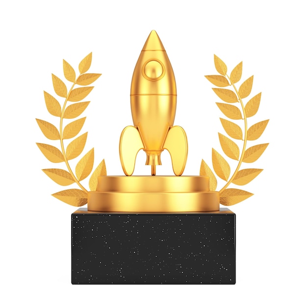 Prêmio vencedor Cube Gold Laurel Wreath Podium Stage ou Pedestal com Golden Rocket 3d Rendering