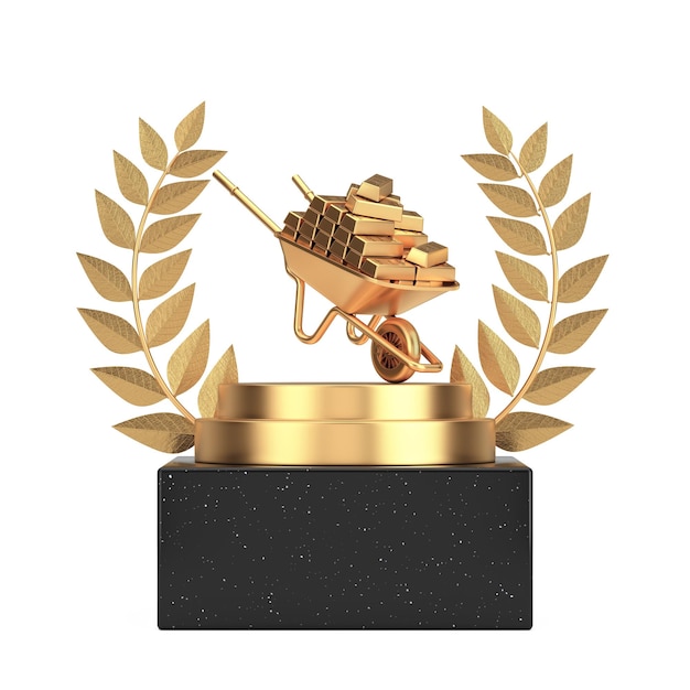 Prêmio vencedor Cubo Gold Laurel Wreath Podium Stage ou Pedestal com jardinagem e construção Carrinho de mão de ouro cheio de barras de ouro renderização em 3d