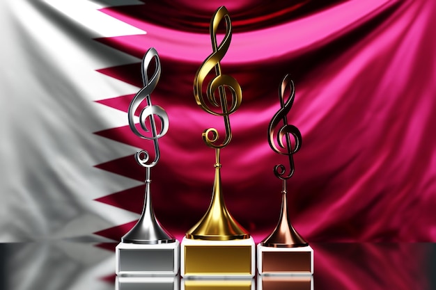 Foto prêmios de clave de sol por ganhar o prêmio de música no contexto da bandeira nacional do qatar ilustração 3d