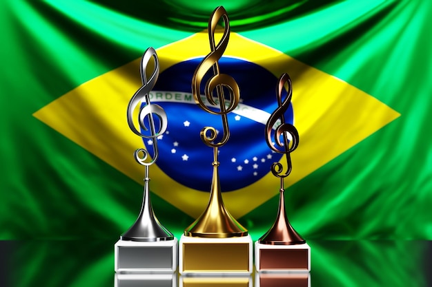 Premios Treble Clef por ganar el premio de música en el contexto de la bandera nacional de Brasil 3d ilustración