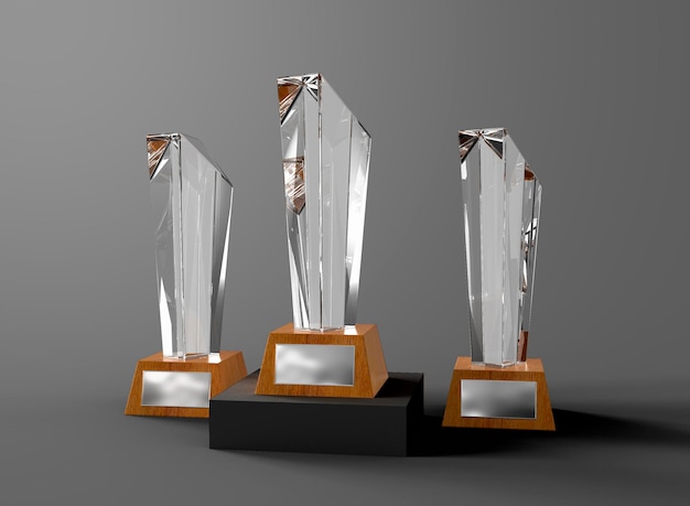 Premios de trofeos de vidrio sobre fondo gris. Trofeos aislados. representación 3d