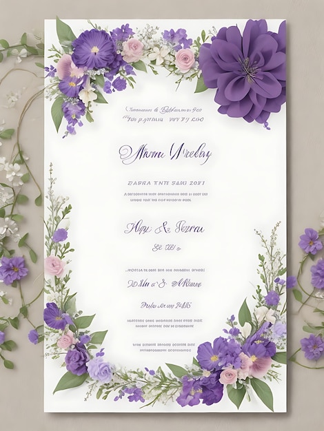 Premium-Blumenkranz-Hochzeitseinladungsvorlage mit modernen, eleganten lila Blumen