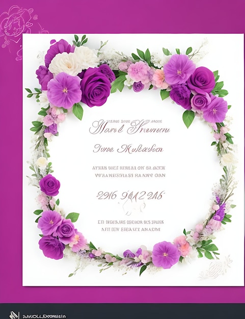 Premium-Blumenkranz-Hochzeitseinladungsvorlage mit modernen, eleganten magentafarbenen Blumen