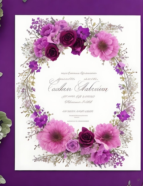 Premium-Blumenkranz-Hochzeitseinladungsvorlage mit modernen, eleganten magentafarbenen Blumen