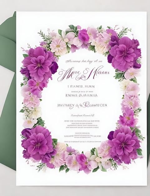 Premium-Blumenkranz-Hochzeitseinladungsvorlage mit modernen, eleganten magentafarbenen Blumen