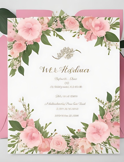 Premium-Blumenkranz-Hochzeitseinladungsvorlage mit modernen, eleganten rosa Blumen