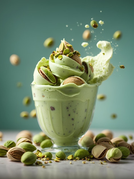 Premium delicioso Pistachio gelato gelado flutuante ingredientes de alta qualidade anúncios cinematográficos foto