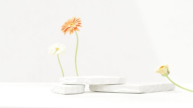 Premium-einfache minimalistische weiße Marmor-Steinplatte Podium und Chrysanthemumblume in der Landschaft