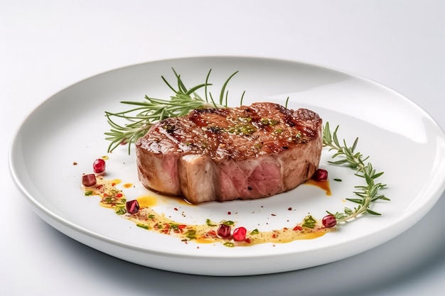 Premium geschnittenes Steak auf einem weißen Teller, weißer Hintergrund, generative KI