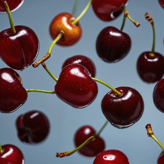 Foto premium photo ripe red cherry fruit splashing with water fresh background advertisement template