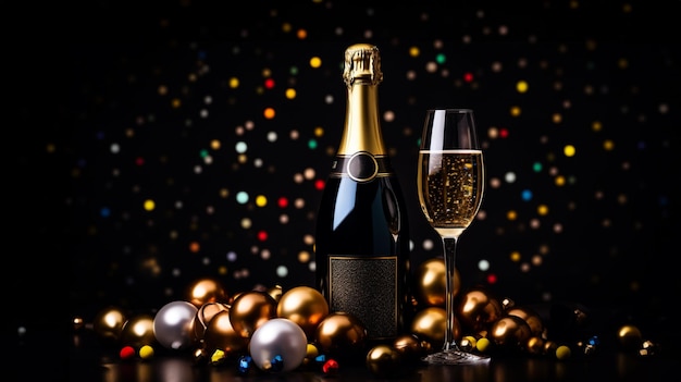 Premium-Weihnachtsfeierthema mit Champagnerflasche, Weingläsern, goldenen Konfetti und dekorativen Kugeln auf einem stilvollen, dunklen Hintergrund.