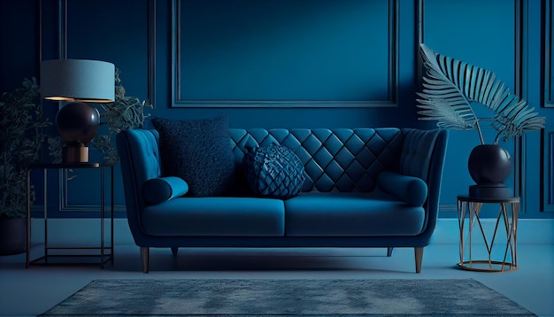 Premium-Wohnzimmer in Blautönen Trend Leere Wand für leeren Kunsthintergrund Große dunkelblaue Couch mit marineblauen Wänden Luxus-Lounge-Design oder Empfangshalle oder Büroräume Generative KI