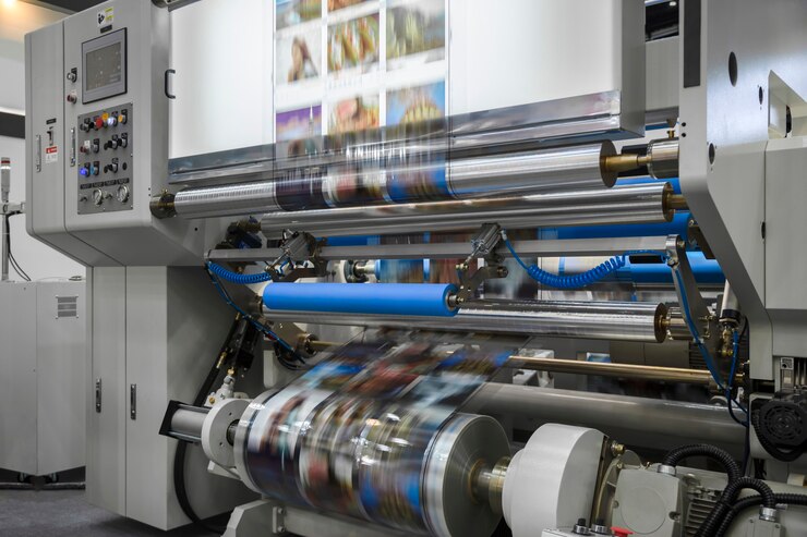 Foto prensa de impresión offset grande o revista que ejecuta un rollo de papel largo en la línea de producción de la máquina impresora industrial.