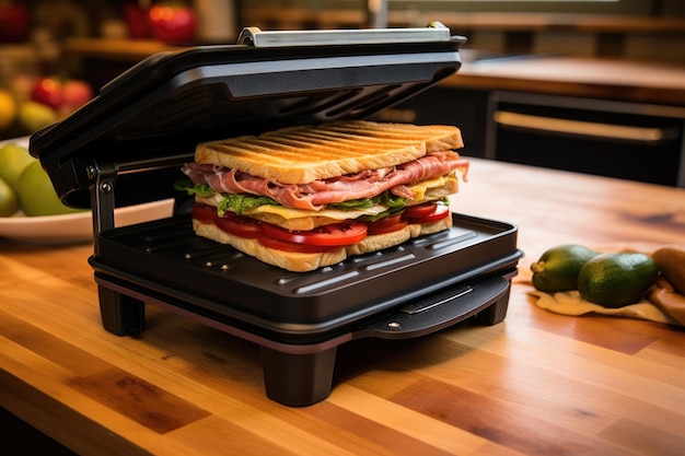 Una prensa de sándwiches o una máquina de panini con un sándwich en el interior