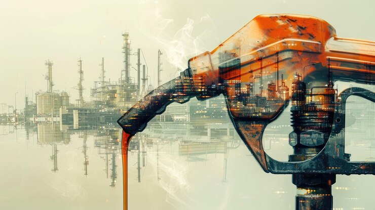 Preocupaciones ambientales Doble exposición de la boquilla de la bomba de combustible que gotea aceite y fábrica industrial