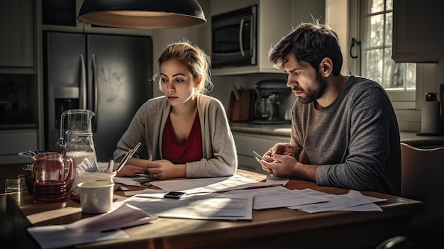 Preocupada pareja joven caucásica revisando sus facturas y copiando espacio en casa para texto
