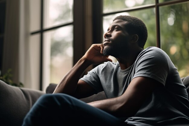Preocupado e triste homem afro-americano pensando sentado no sofá olhando pela janela na sala de estar