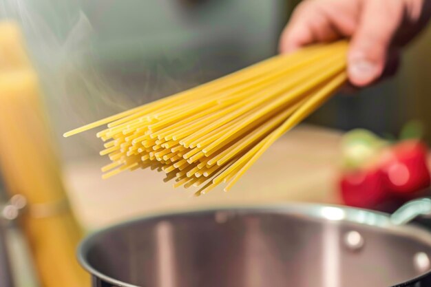 Preparação de espaguete Adição manual de macarrão cru à água fervente para cozinhar