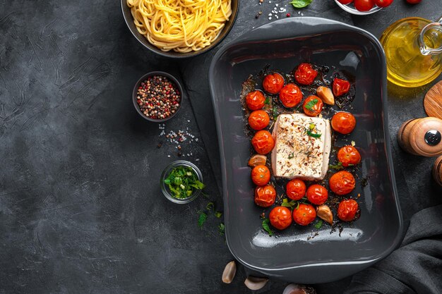 Preparação de fetapasta Queijo feta assado com tomate e ervas em um fundo escuro Espaço de cópia de vista superior