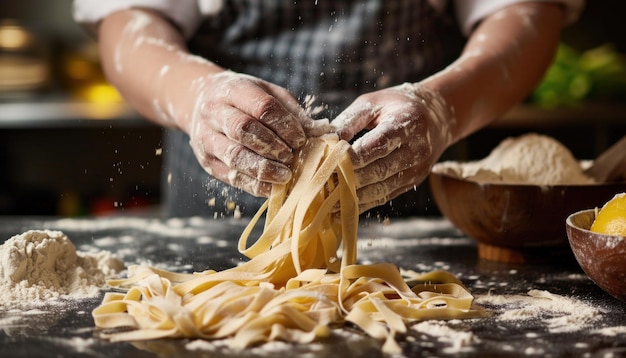 Preparação de massas caseiras por chef na cozinha