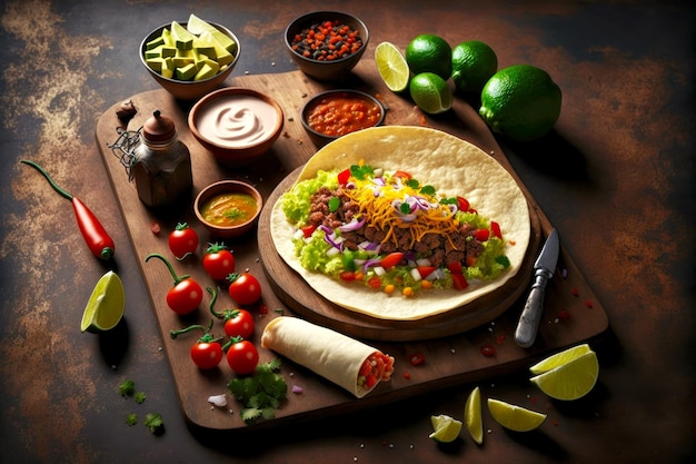 Preparação de tacos mexicanos de fast-food na tortilha com carne, cebola, legumes e limão