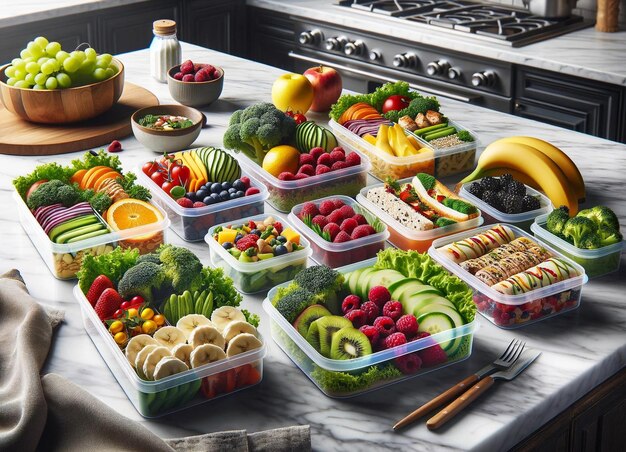 Preparação organizada de refeições com frutas e legumes frescos numa cozinha moderna