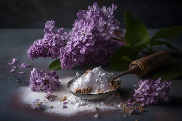 Preparação para flor lilás frita com açúcar em pó. fotografia de sobremesa doce