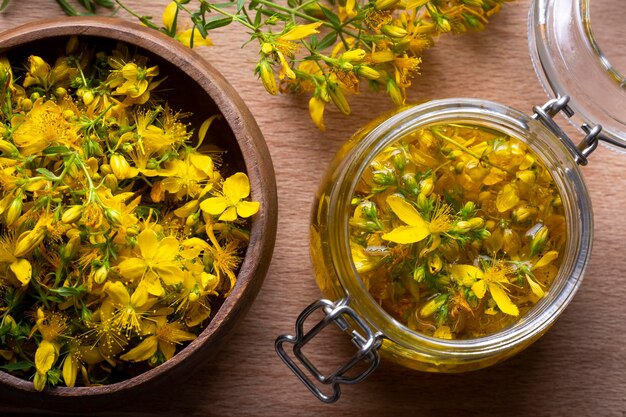 Preparación de aceite de hierba de San Juan a partir de la planta de Hypericum perforatum en flor fresca Nombre turco sari kantaron yagi