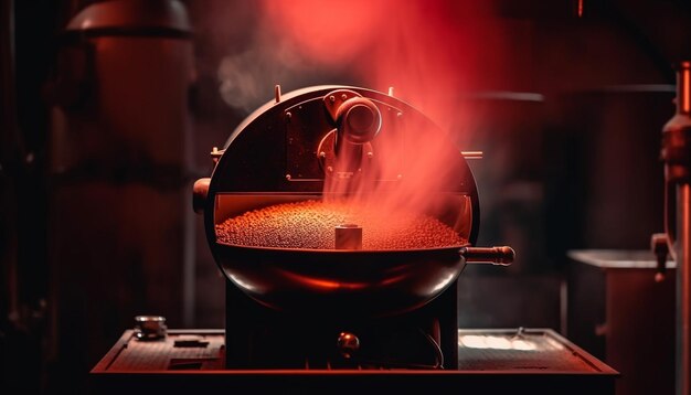 Preparación de café tostado oscuro en una cafetera espresso metálica generada por IA