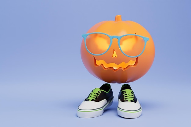 Preparación para la calabaza glamorosa de Halloween en gafas y risitas en un render 3D de fondo azul