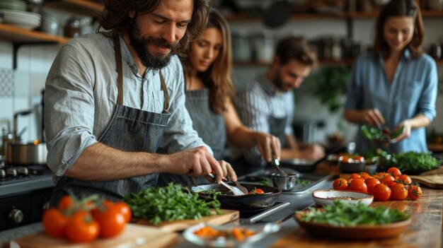 Preparación de la cena en casa con la familia