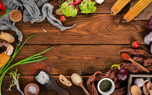 Preparación para cocinar Comida saludable Vista superior Sobre un fondo de madera Copiar espacio