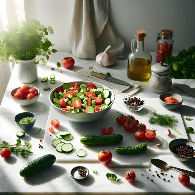 Foto preparación de ensalada de pepino y tomate selata fresco