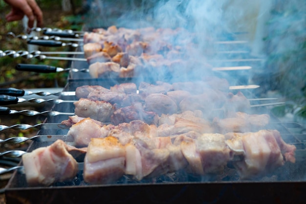 Preparación georgiana de mtsvadi (Shashlik). Shashlik ahumado a la parrilla. BBQ en palo